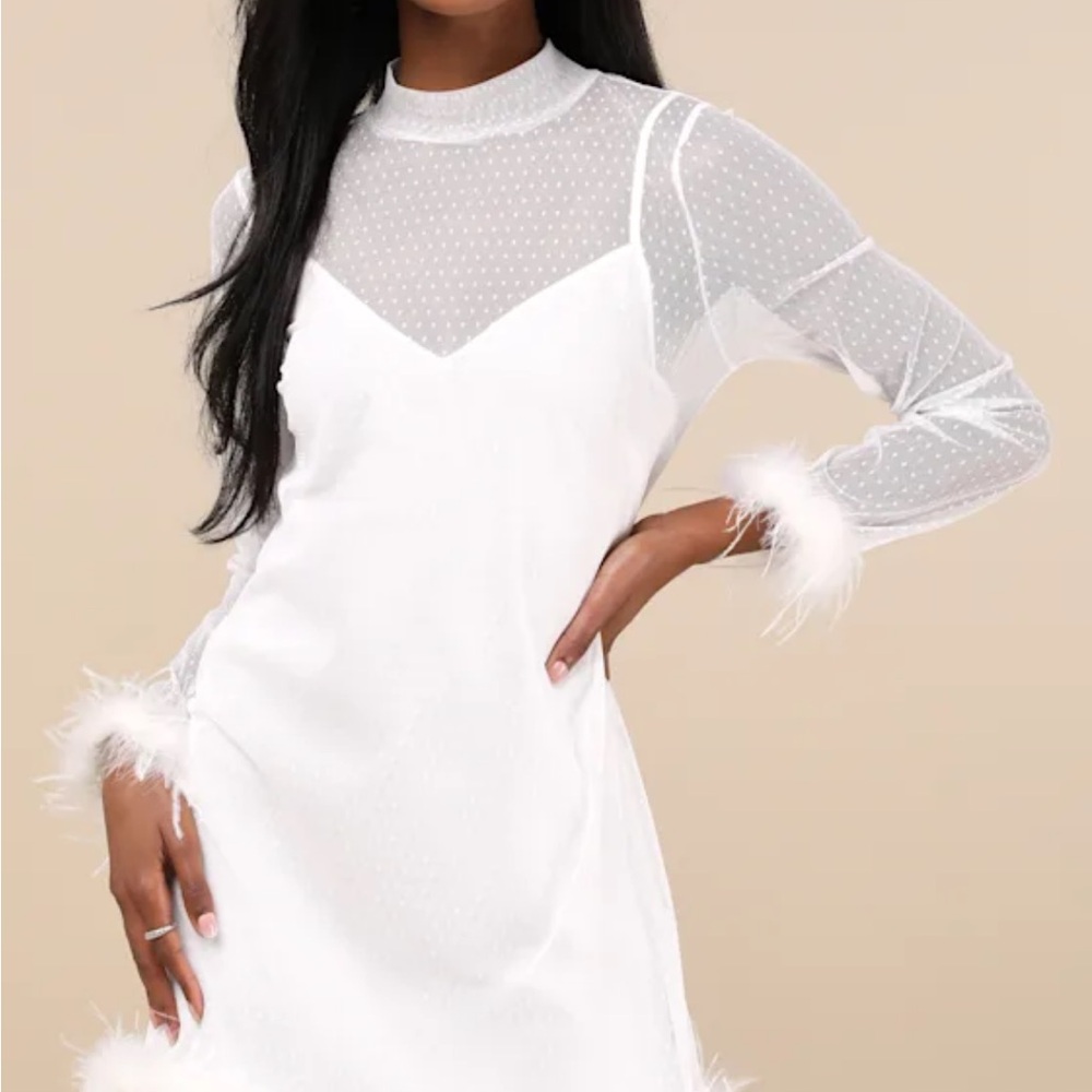 Elegant White Feather-Trimmed Dress